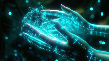 Robot and human hands holding a virtual world, illuminated with blue and green technology lines.の素材
