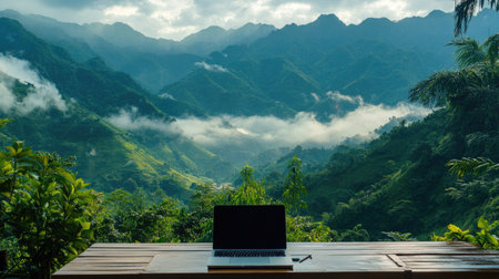 Scenic laptop setup on a wooden deck overlooking lush green mountains and misty clouds, creating a serene workspace. -の素材