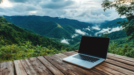 Scenic laptop setup on a wooden deck, with lush green mountains and misty clouds in the background, offering tranquility.の素材