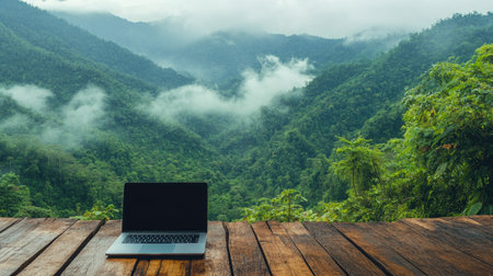 Scenic laptop on a wooden deck, with a breathtaking view of lush green mountains and misty clouds.の素材