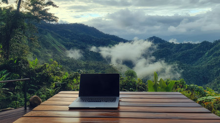 Scenic laptop setup on a wooden deck, surrounded by the beauty of lush green mountains and misty clouds.の素材