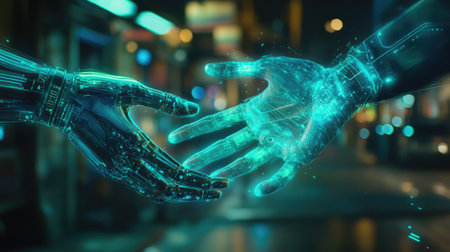 Robot and human hands holding a virtual world, illuminated with blue and green technology lines.の素材