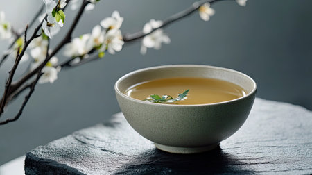 Shark fin soup served in an elegant bowl, the rich broth contrasting beautifully against the grey backdrop. -の素材