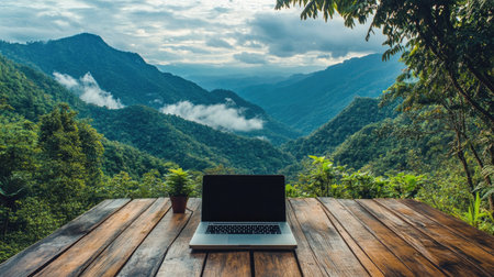 Scenic laptop on a wooden deck, with a breathtaking view of lush green mountains and misty clouds.の素材