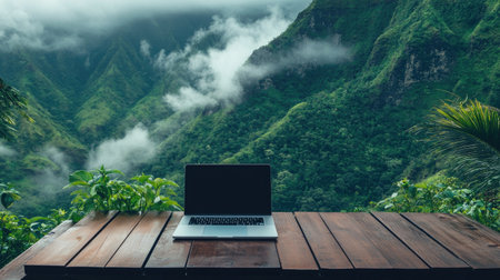 Scenic laptop setup on a wooden deck, surrounded by the tranquility of lush green mountains and misty clouds.の素材