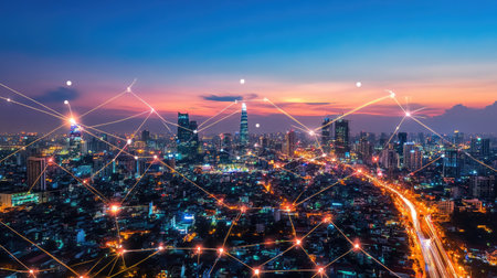 Smart city and wireless communication network concept. Digital network connection lines of Hanoi city, Vietnam -の素材