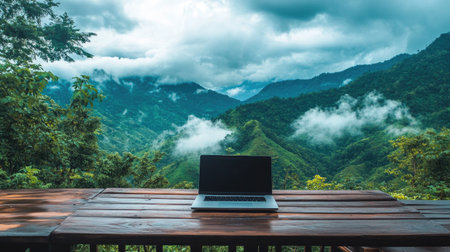 Scenic laptop setup on a wooden deck, overlooking lush green mountains and misty clouds, ideal for remote work.の素材