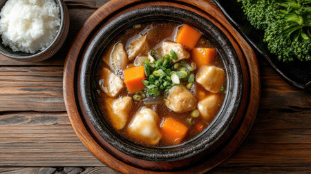 Shark fin stew served with a side of steamed vegetables, presented on a rustic wooden tableの素材