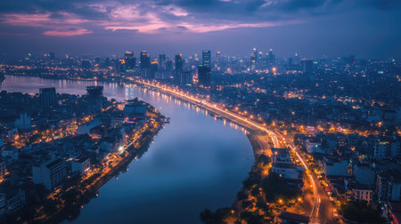 Smart city and wireless communication network concept. Digital network connection lines of Hanoi city, Vietnam -の素材