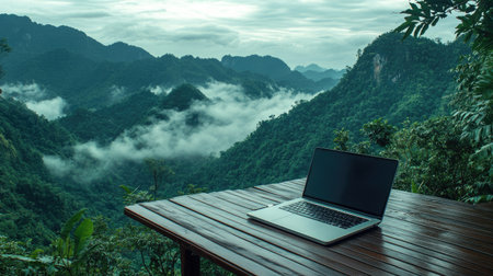 Scenic laptop setup on a wooden deck, surrounded by the tranquility of lush green mountains and misty clouds.の素材