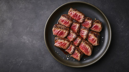 Sliced Wagyu Rib Eye steak, grilled and beautifully presented on a plate. The dark background adds a dramatic effect to the juicy, marbled beef. Top view.の素材