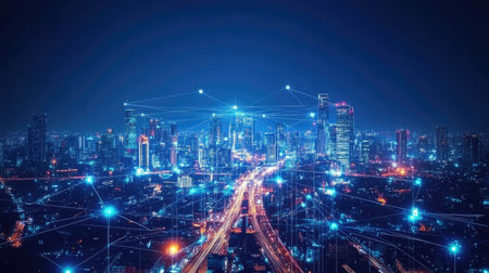 Smart city and communication network concept. 5G. IoT (Internet of Things). Telecommunication.の素材