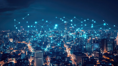 Smart digital city with connection network reciprocity over the cityscape . Concept of future smart wireless digital city and social media networking systems that connects people within the city .の素材