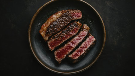 Sliced Wagyu Rib Eye steak on a plate, grilled to perfection. The dark background adds depth to the presentation of the marbled beef. Top view.の素材