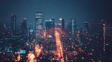 Smart city with speed line glowing light trail surround the city. big data connection technology concept -の素材