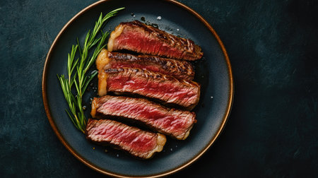 Sliced Wagyu Rib Eye steak on a plate, grilled and arranged with precision. The dark background adds contrast to the succulent meat. Top view.の素材