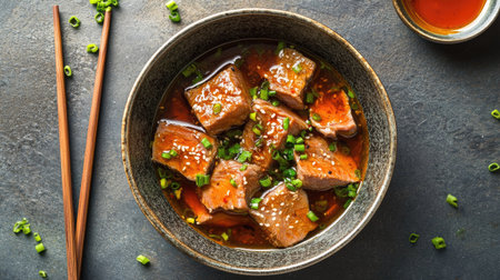 Shark fin stew served in a traditional Chinese bowl, with chopsticks and a dipping sauce on the side.の素材