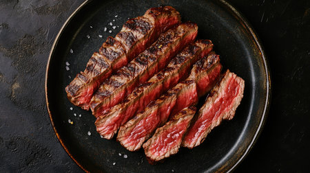 Sliced Wagyu Rib Eye steak, grilled and beautifully presented on a plate. The dark background adds a dramatic effect to the juicy, marbled beef. Top view.の素材