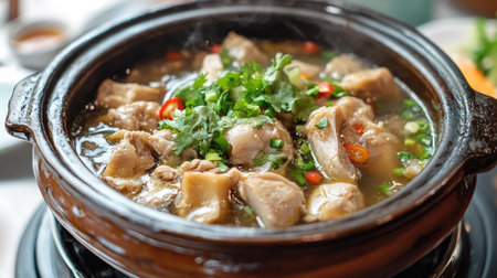 Shark fin stew served in a clay pot, capturing the rich color of the broth and the tender fin pieces.の素材