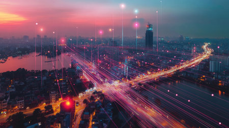 Smart city and wireless communication network concept. Digital network connection lines of Hanoi city, Vietnam -の素材
