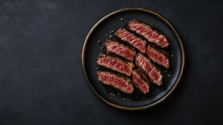 Sliced Wagyu Rib Eye steak, grilled and beautifully presented on a plate. The dark background adds a dramatic effect to the juicy, marbled beef. Top view.の素材