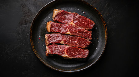 Sliced Wagyu Rib Eye steak on a plate, grilled to a perfect finish. The dark background contrasts beautifully with the marbled beef. Top view.の素材