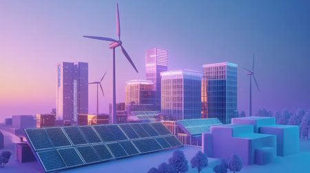 solar cell plant and wind generators in the urban area connected to the smart grid. Energy supply, eolic turbine, distribution of energy, Powerplant, energy transmission, high voltage supply concept.の素材