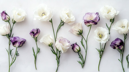 Sophisticated layout of white and purple eustoma flowers on a white background, highlighting their delicate beauty.の素材