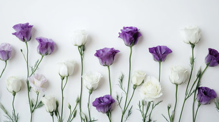 Stylish display of white and purple eustoma flowers arranged on a white background, creating a serene and elegant scene.の素材