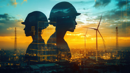 Team of Engineer people working in wind turbine and industrial with double exposure. Concept engineers.の素材