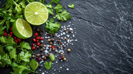 Spicy green herbs with an assortment of pepper seeds, lime, and salt, beautifully displayed on a slate surface. Ideal for culinary and seasoning visuals. -の素材