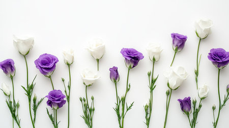 Stylishly arranged white and purple eustoma flowers on a white background, creating a clean and elegant look.の素材