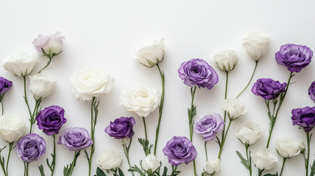 Stylish display of white and purple eustoma flowers arranged on a white background, creating a serene and elegant scene.の素材