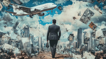 Successful career takeoff. Profitable investment, business concept. Art collage.の素材