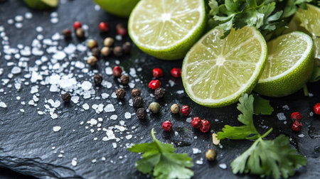 Spicy green herbs with pepper seeds and lime on a slate surface, complemented by a sprinkle of salt. Perfect for culinary presentations with a natural touch. -の素材