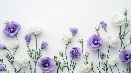 Sophisticated arrangement of white and purple eustoma flowers on a white background, creating an elegant and serene look.の素材