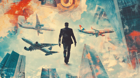Successful career takeoff. Profitable investment, business concept. Art collage.の素材