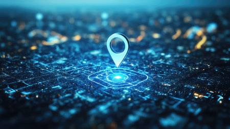 Symbol map pin and network for searching location above city scape with blue tone.の素材