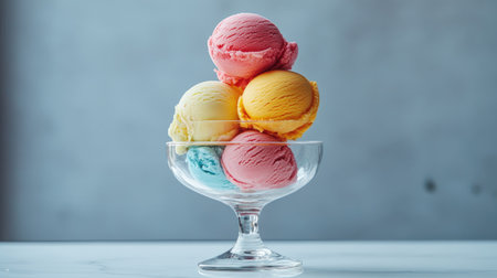 Stack of colorful ice cream scoops in a glass bowl, set on a white caf table.の素材