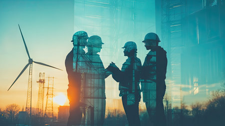 Team of Engineer people working in wind turbine and industrial with double exposure. Concept engineers.の素材