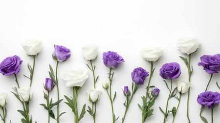 Stylishly arranged white and purple eustoma flowers on a white background, creating a clean and elegant look.の素材