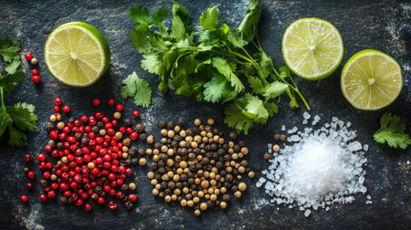 Spicy green herbs, red, black, and white pepper seeds, along with lime and salt, spread on a slate table. A rich palette of flavors for food-related content.の素材