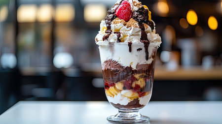 Tall ice cream sundae with layers of flavors, set on a white table in a caf.の素材