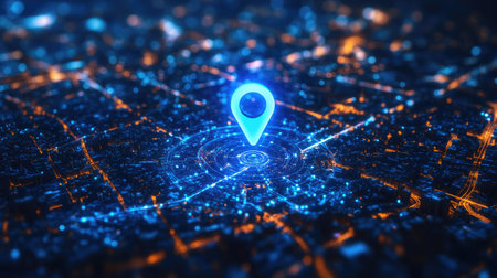 Symbol map pin and network for searching location above city scape with blue tone.の素材