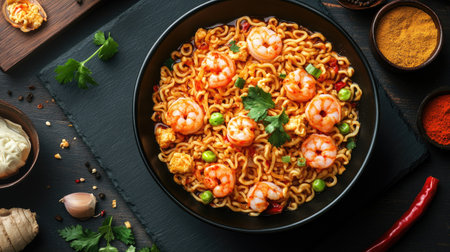 Top-down shot of instant noodles with a spicy seafood stir fry, complemented by various spices, presented on a black slate with a wooden board backdrop.の素材