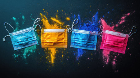 Top view of colorful holi powder with multicolored medical mask holi paint on dark background. Happy holi festival during coronavirus (Covid-19) pandemic concept.の素材