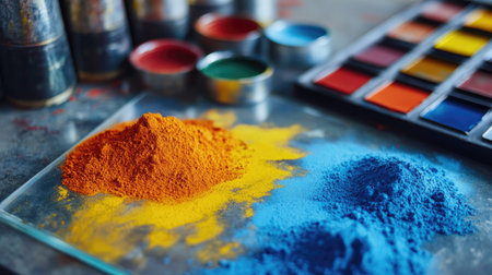 The pile of powder coating on glass plate with metal parts coated and color chart.の素材