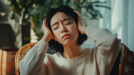Unwell young Asian woman sitting on a chair, eyes closed, with a pained expression and hands on her head.の素材