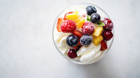 Top view of a stacked ice cream dessert with fresh fruit, inside a minimalist white caf.の素材