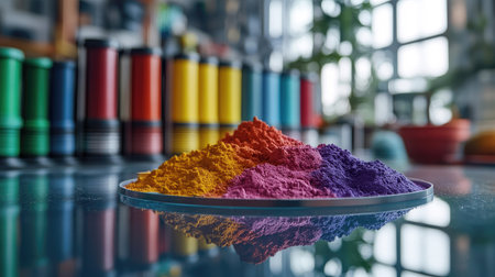 The pile of powder coating on glass plate with metal parts coated and color chart.の素材